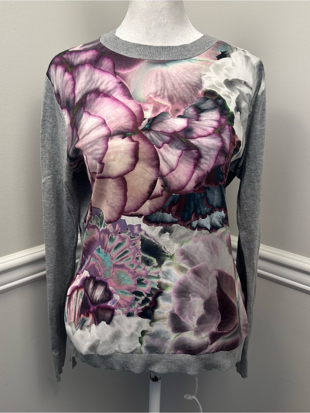 Ted Baker London Floral Print Long Sleeve Crewneck Sweater - Purple & Gray S